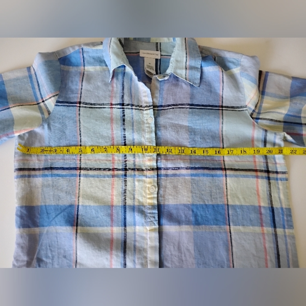 Liz Claiborne Linen Blue Plaid Button Up Shirt 3/4 Sleeves Coastal Size Medium - Picture 13 of 14